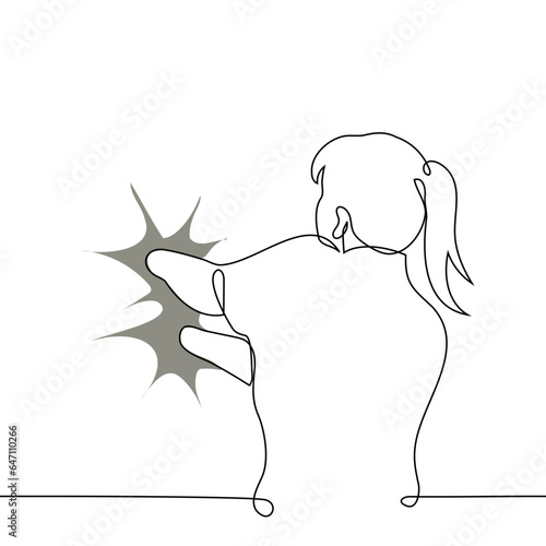 woman stands with her hands stuck in a quagmire in the wall - one line art vector. concept fall into a trap, drown in a quagmire, trapped, stuck in one thing metaphor