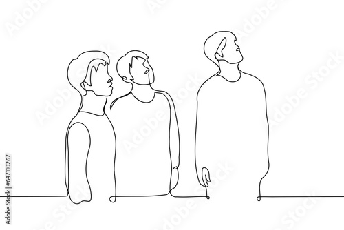 men stand and look up in one direction - one line art vector. concept observers of a celestial object, eyewitnesses