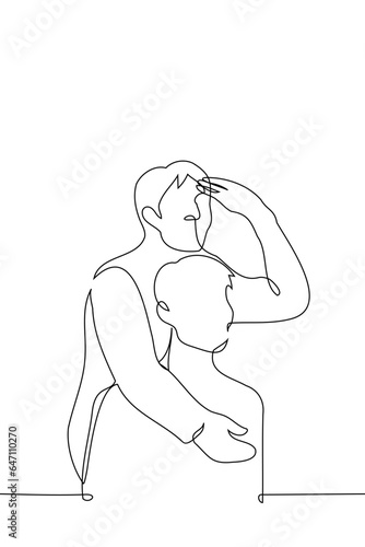piggyback men, one of them looks into the distance covering his eyes with his hand - one line art vector. concept observers, peek
