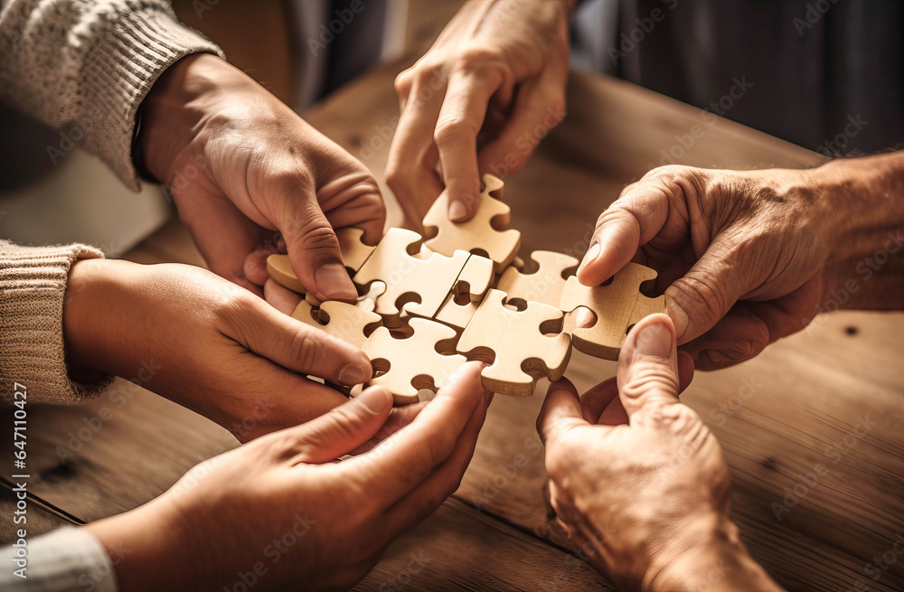 Unity in Problem-Solving: People Holding Wooden Puzzle Pieces Unity in Problem-Solving: People Holding Wooden Puzzle Pieces