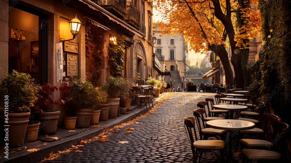 coffeeshop on a cobblestone street in New York City during Autumn