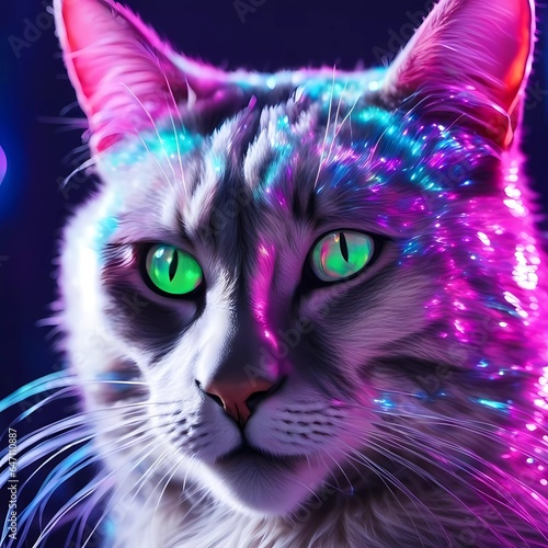 Cat in Y2K Aesthetic style. Pink and blue colors with metalic and chrome texture.