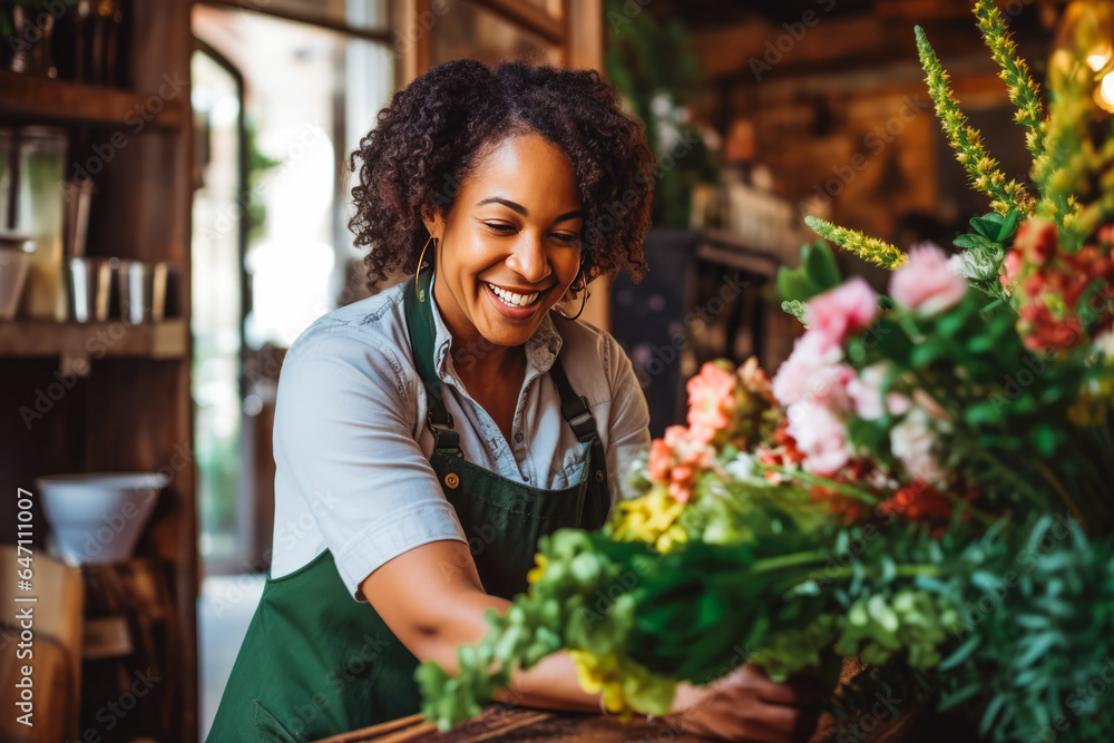 Happy african woman florist arranging flowers into bouquet in flower shop. Happy african woman florist arranging flowers into bouquet in flower shop.