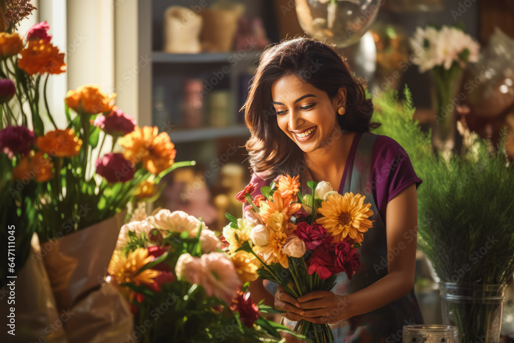 Happy indian woman florist arranging flowers into bouquet in flower shop.