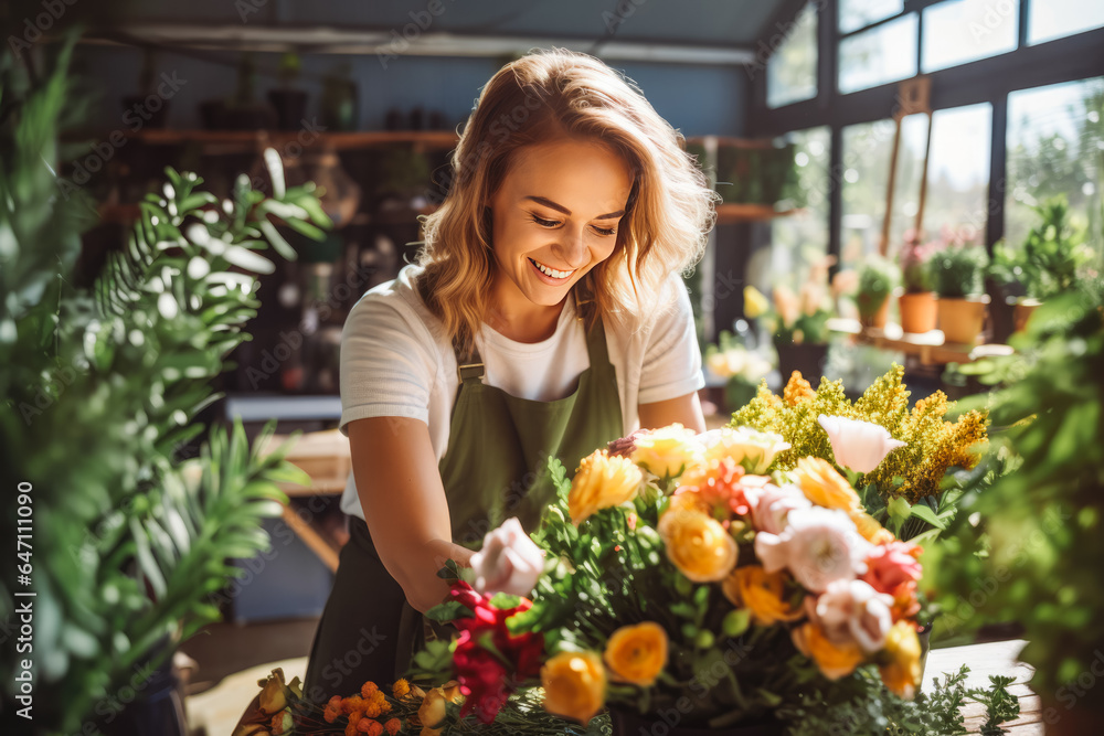 Happy caucasian woman florist arranging flowers into bouquet in flower shop.