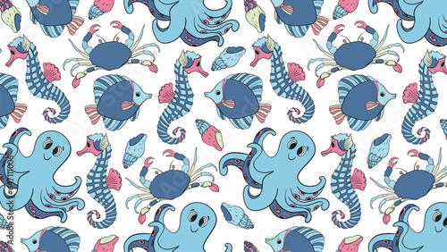 Seamless pattern with sea inhabitants in doodle style. Vector illustration