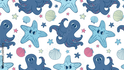 Seamless pattern with sea inhabitants in doodle style. Vector illustration
