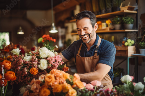 Happy caucasian man florist arranging flowers into bouquet in flower shop.