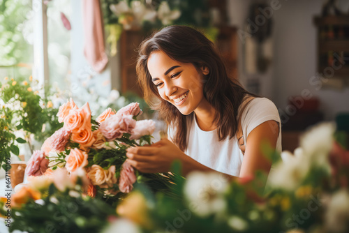 Happy caucasian woman florist arranging flowers into bouquet in flower shop. © VisualProduction