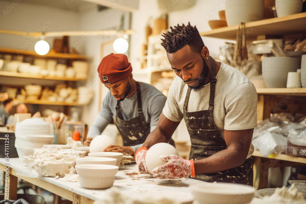 Young black male ceramists working in their store or workshop.