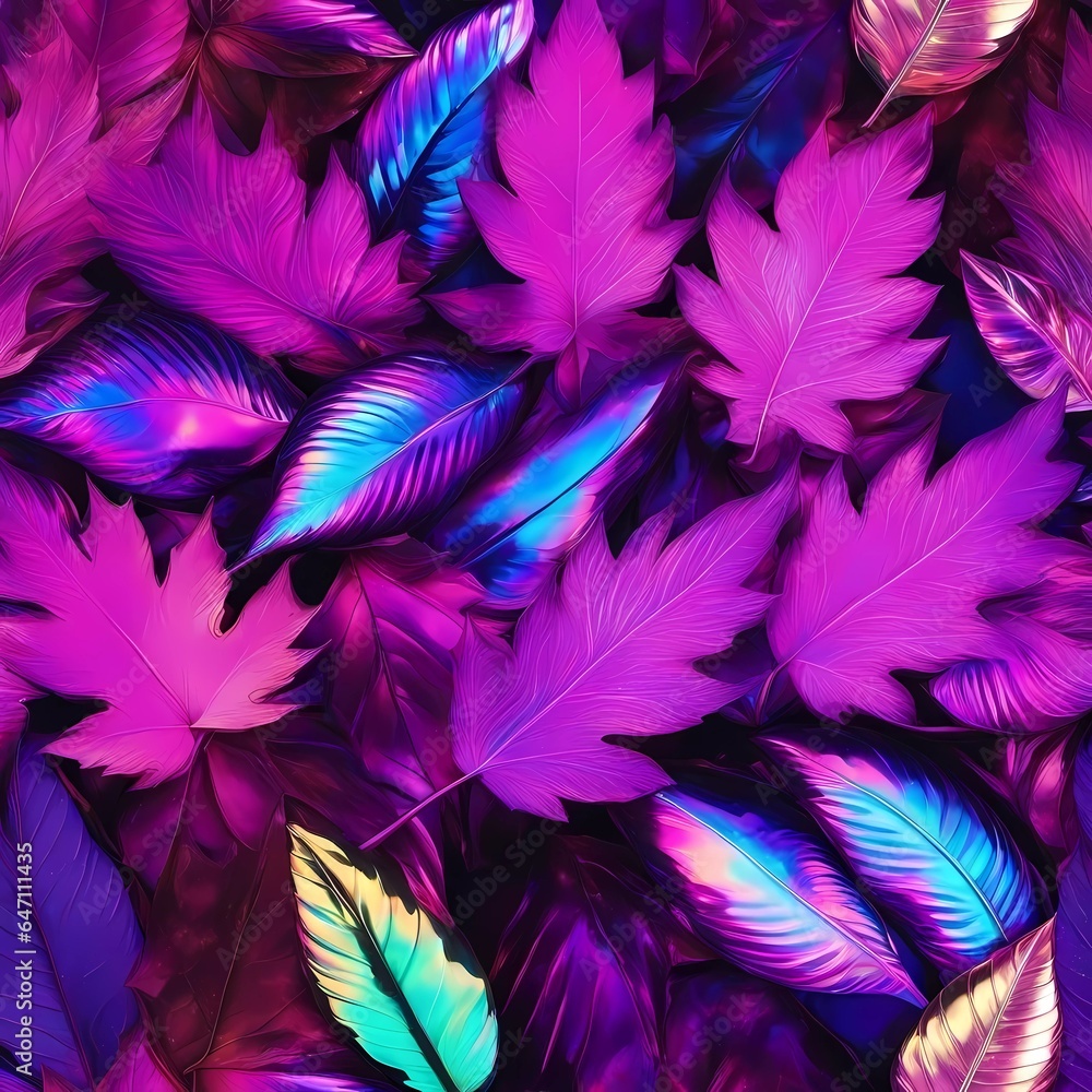 Obraz premium Leafs in Y2K Aesthetic style. Pink and blue colors with metalic and chrome texture.