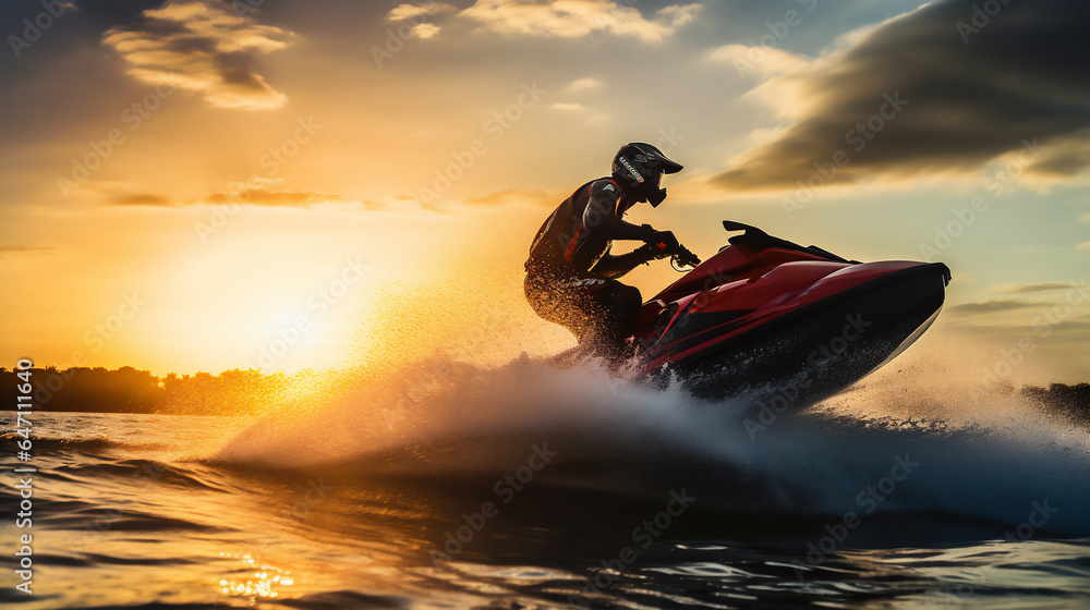 Jetskier with his Jet ski Surfing the waves. Leisure and Watersports photos. Ai generative.