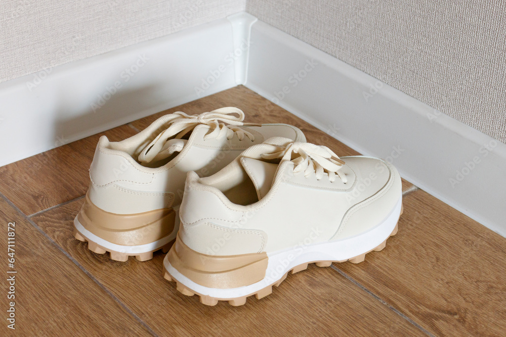 Sneakers are on the floor. The concept of care for sports shoes. Sneakers are on the floor. The concept of care for sports shoes.