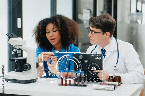 Medical Research Laboratory  Portrait of Two African American Scientists Working  Using Digital Tablet  Analyzing Samples  Talking. for Medicine  Biotechnology with VR icon