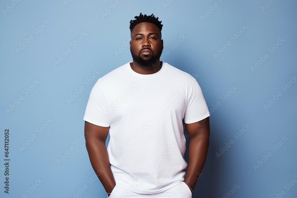design mockup: black plus sized man wearing a blank white t-shirt, studio shot design mockup: black plus sized man wearing a blank white t-shirt, studio shot