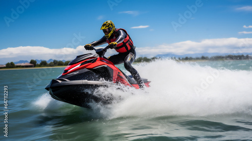 Jetskier with his Jet ski Surfing the waves. Leisure and Watersports photos. Ai generative. © Unique Creations