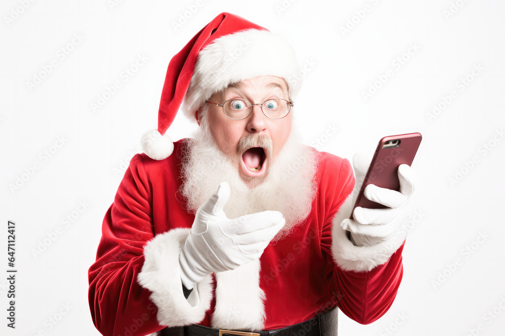 Santa checking the lists of gifts to deliver and surprised by a mobile message. Santa Claus on a white background. Santa checking the lists of gifts to deliver and surprised by a mobile message. Santa Claus on a white background.