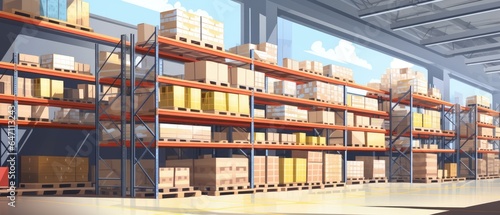 A large warehouse with numerous items. Rows of shelves with boxes. Logistics. Inventory control, order fulfillment or space optimization. Illustration for advertising, marketing or presentation
