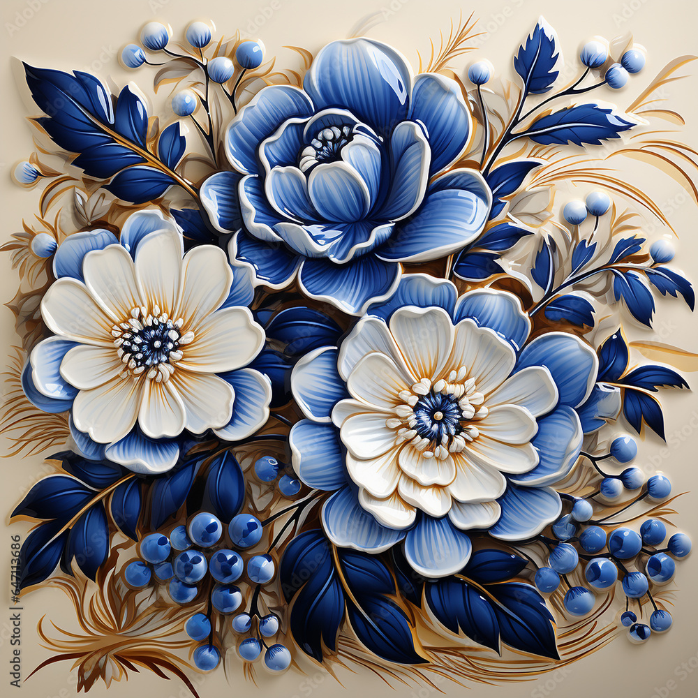 Generative AI - Floral design illustration in Russian folk style similar to Gzhel white and blue shadows Generative AI - Floral design illustration in Russian folk style similar to Gzhel white and blue shadows