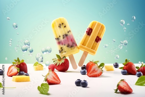 Levitating ice cream popsicles with fruit and berries on pastel background, free copyspace for text. Flying ice cream, summer dessert, frozen fruit juice. Generative AI photo