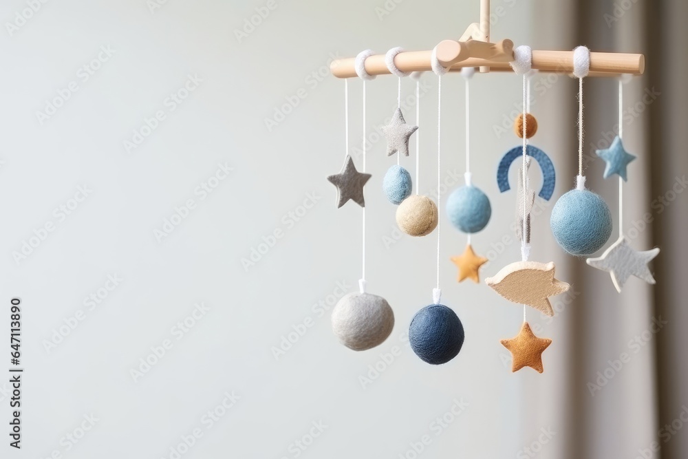 Baby crib mobile with stars, planets and moon. Kids handmade toys above the newborn crib. First baby eco-friendly toys made from felt and wood. Generative AI - obrazy, fototapety, plakaty 
