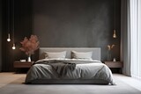 Modern bedroom minimalist interior in shades of grey. Gorgeous, stunning grey bedroom. Scandinavian dark style. Aesthetic simple interior design concept, luxury furnishing. Generative AI