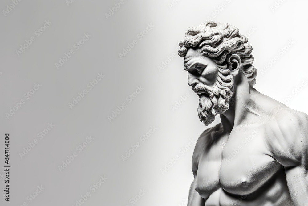 Greek god sculpture, statue of a man made from marble on white background with copy space for text, Generative AI