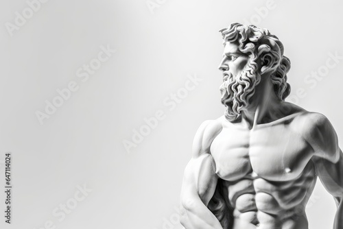 Greek god sculpture, statue of a man made from marble on white background with copy space for text, Generative AI photo