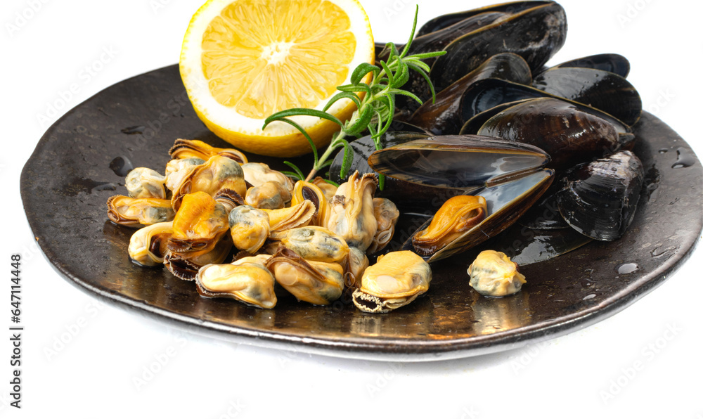 Mussels Pile Closeup, Unshelled Clams, Peeled Mussels, Open Shellfish, Seafood on White Background Mussels Pile Closeup, Unshelled Clams, Peeled Mussels, Open Shellfish, Seafood on White Background