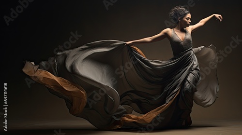 Model in a dramatic pose with a silk cloth wrapped around, giving an illusion of floating, set in a neutral studio.