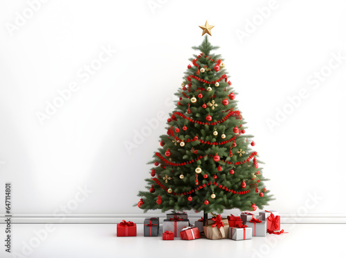 Festlich geschmückter Weihnachtsbaum mit Geschenken vor weißem Hintergrund, erstellt mit generativer KI © rawku5