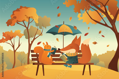 Autumn background animals read books in a cartoon style. Cute animals are reading books in a cozy autumn forest. Vector illustration.