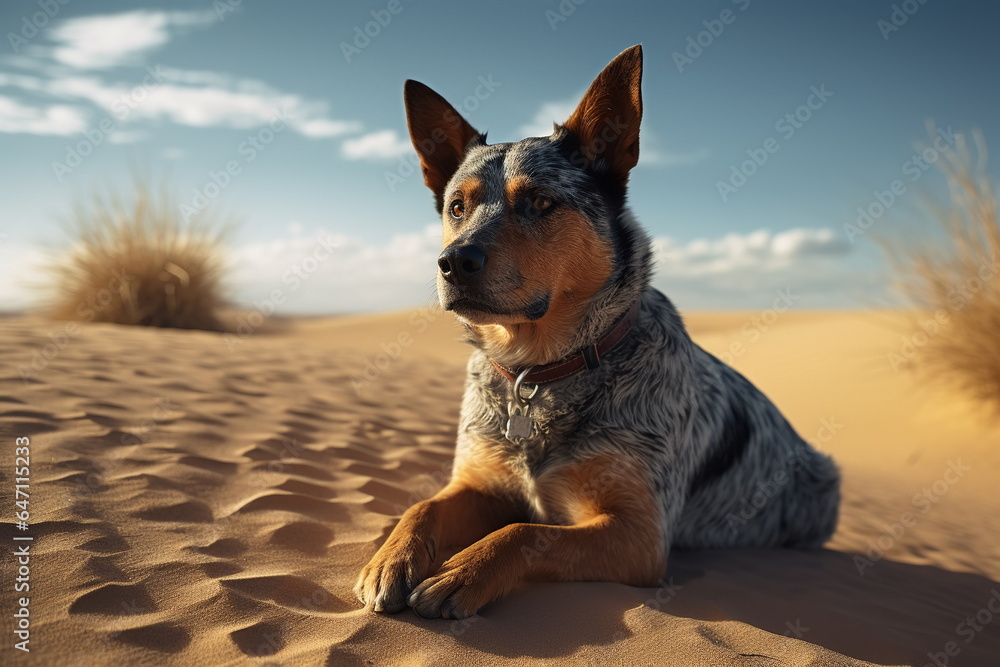 Australian cattle dog or blue heeler resting outdoors at wild sand desert Australian cattle dog or blue heeler resting outdoors at wild sand desert