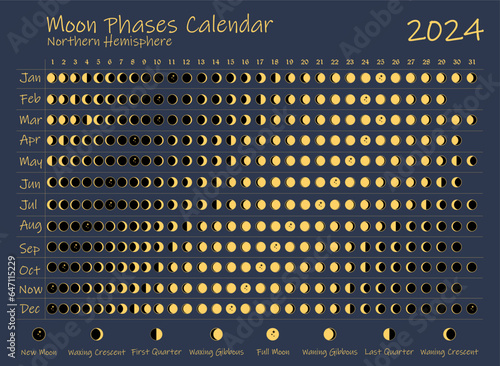 2024 Moon Phases Calendar. Northern Hemisphere lunar calendar design template. Astrological, astronomical moonlight activity scheduler. Month cycle planner mockup. Magical blue and gold colors vector. © Meowcher24