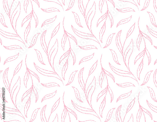 Seamless vector pattern of leaves, line flowers on a transparent background, delicate botanical leaves, vector.