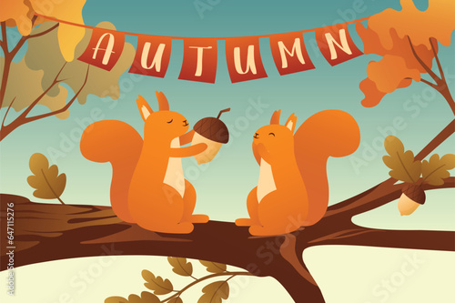 Squirrels on a tree autumn background in a cartoon style. A couple of cute squirrels stock up on autumn fruits for food and collect various nuts and acorns. Vector illustration.