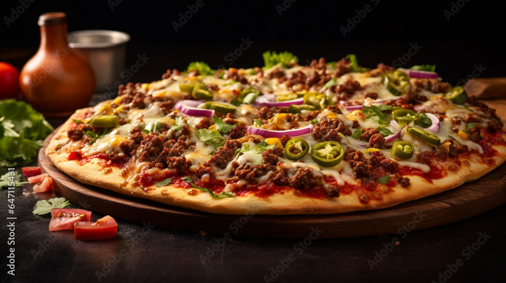 A Mexican pizza with a crispy tortilla base, layered with spicy ground beef, melted cheese, salsa, and topped with fresh toppings like lettuce, tomatoes, and sour cream for a zesty, satisfying meal.
