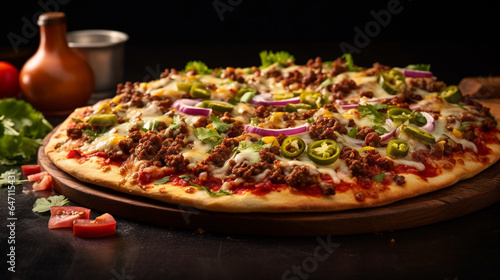 A Mexican pizza with a crispy tortilla base, layered with spicy ground beef, melted cheese, salsa, and topped with fresh toppings like lettuce, tomatoes, and sour cream for a zesty, satisfying meal.
