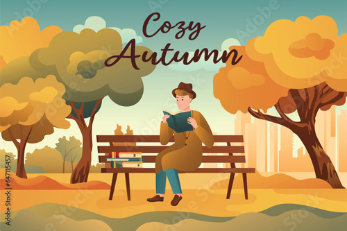 Cozy autumn background in a cartoon style. A respectable man looks at various documents in the park to enjoy the beautiful autumn weather. Vector illustration.
