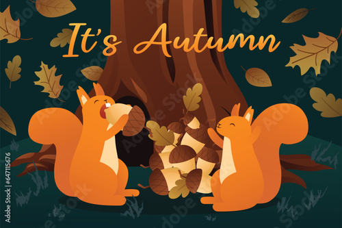 It's autumn background in a cartoon style. Forest dwellers, squirrels, harvest the autumn harvest and stock up on acorns for the winter. Vector illustration.