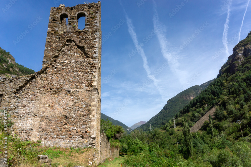Ruins of the Trinity Church (16th century), at the entrance to the town of Canfranc; in the Huesca Pyrenees. Aragon, Spain.
