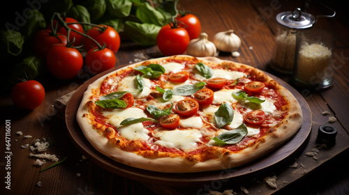 A Neapolitan pizza, a classic Italian delight, has a thin, soft crust adorned with tomato sauce, fresh mozzarella cheese, basil leaves, and a drizzle of olive oil, offering a simple taste of Naples.