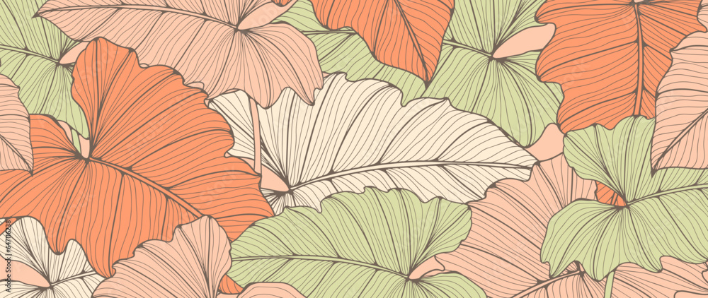 Botanical fresh background with tropical leaves. Background for decor, wallpaper, cards and presentations. Background for creating various designs.