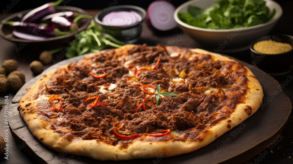 A mouthwatering rendang pizza, showcasing a crispy crust topped with tender, spicy beef rendang, creamy coconut sauce, and aromatic herbs, offering a fusion of bold and savory flavors.