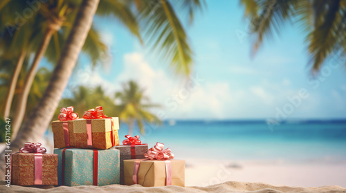 Christmas gifts presents boxes on a tropical beach