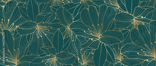 Dark turquoise floral luxury background with a golden outline of delicate flowers. Background for decor, wallpaper, covers, cards, presentations and posts on social networks.