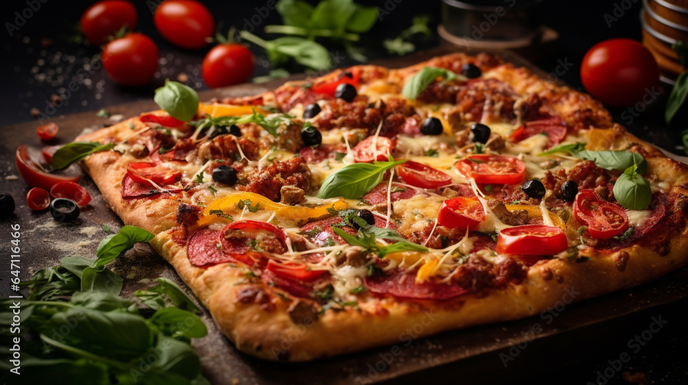A Roman-style pizza, thin and crispy with a light, airy crust, topped with simple, high-quality ingredients like fresh tomatoes, olive oil, mozzarella, and fresh herbs, delightful taste of Italy