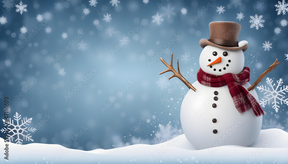 Winter background with snowman, snow and snowflakes