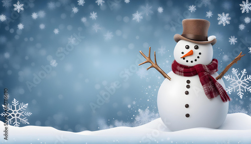 Winter background with snowman, snow and snowflakes © anmitsu