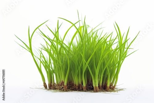 Green fresh grass sprouts isolated on white background.